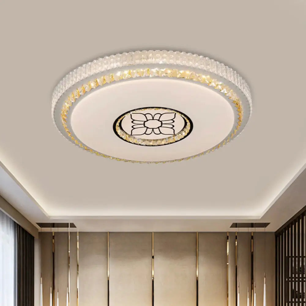 Modern Circular Cut Crystal Led Ceiling Flush Mount With Flower Pattern In White
