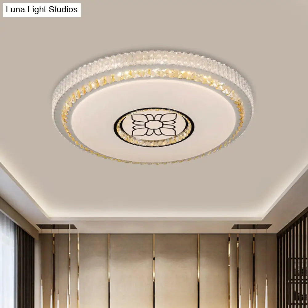 Modern Circular Cut Crystal Led Ceiling Flush Mount With Flower Pattern In White