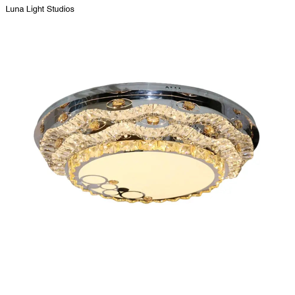 Modern Circular Led Ceiling Fixture With Clear Cut Crystal Blocks Stainless Steel