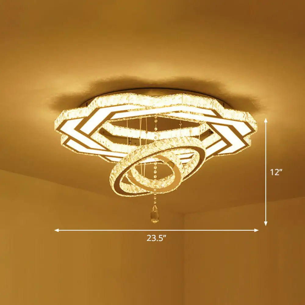 Modern Circular Led Flushmount With Clear Crystal For Living Room Ceiling / 23.5’ Flower