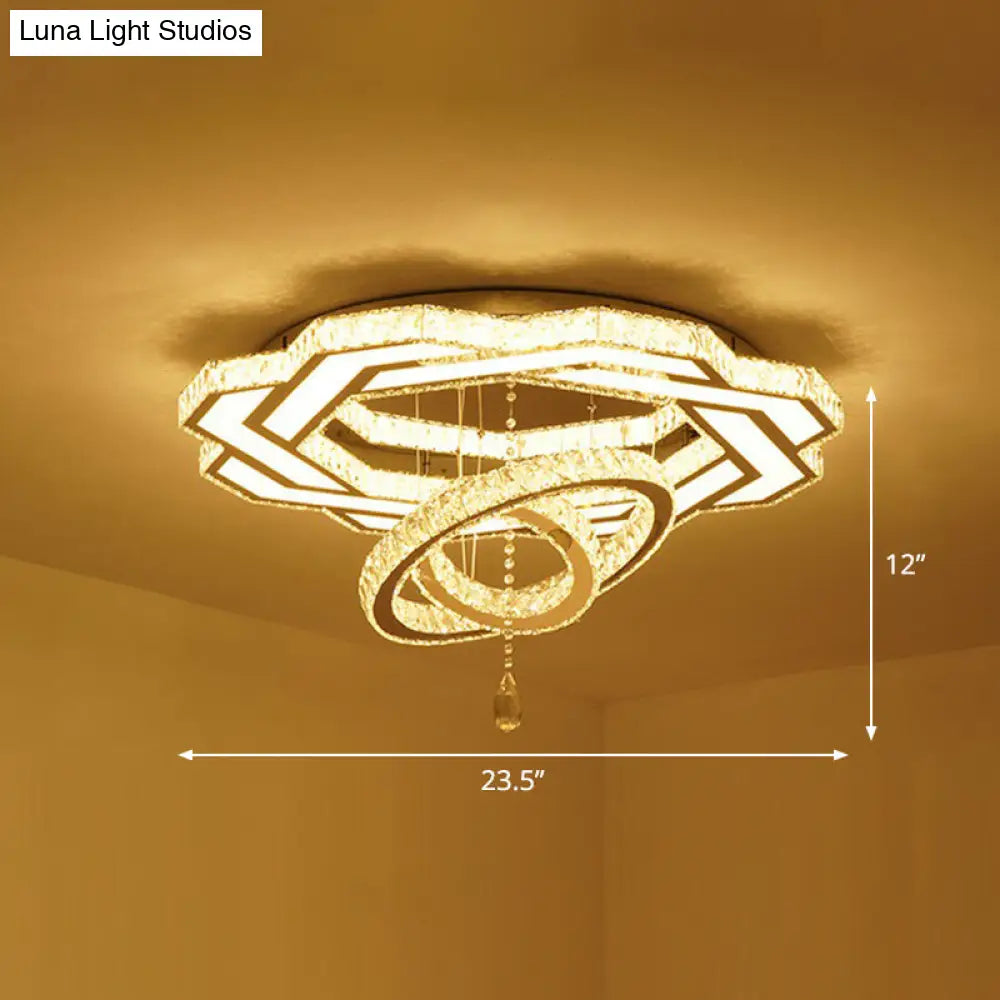Modern Circular Led Flushmount With Clear Crystal For Living Room Ceiling / 23.5 Flower