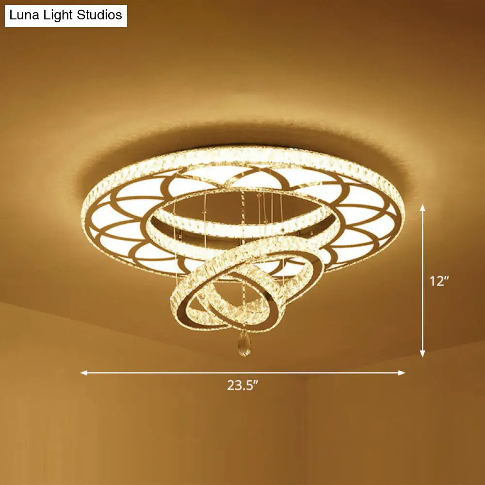 Modern Circular Led Flushmount With Clear Crystal For Living Room Ceiling / 23.5 Round