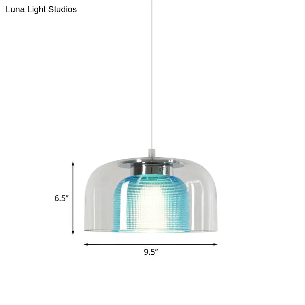 Bowl Pendant Light - Clear And Blue Latticed Glass Modern Suspension Lamp