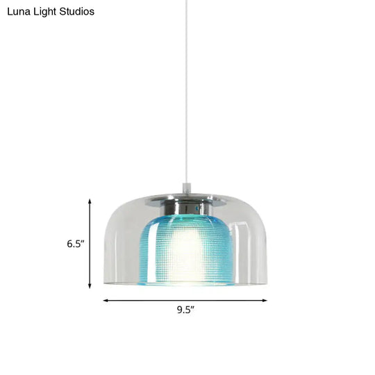 Bowl Pendant Light - Clear And Blue Latticed Glass Modern Suspension Lamp