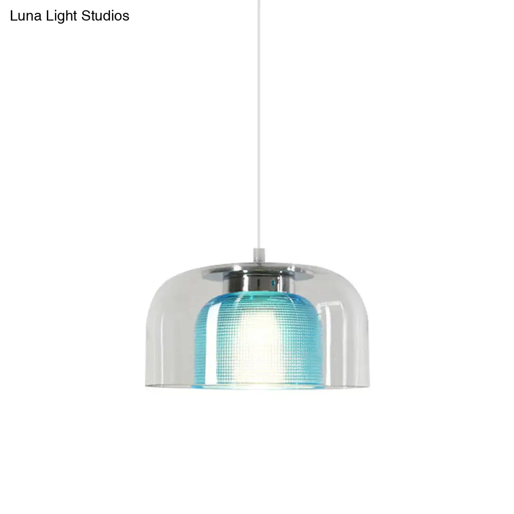 Bowl Pendant Light - Clear And Blue Latticed Glass Modern Suspension Lamp