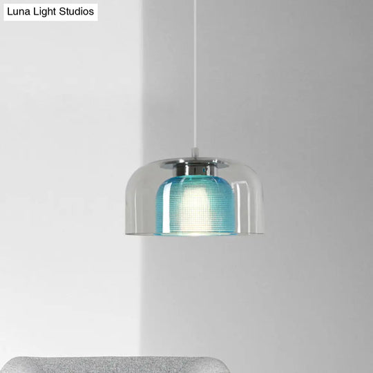 Bowl Pendant Light - Clear And Blue Latticed Glass Modern Suspension Lamp