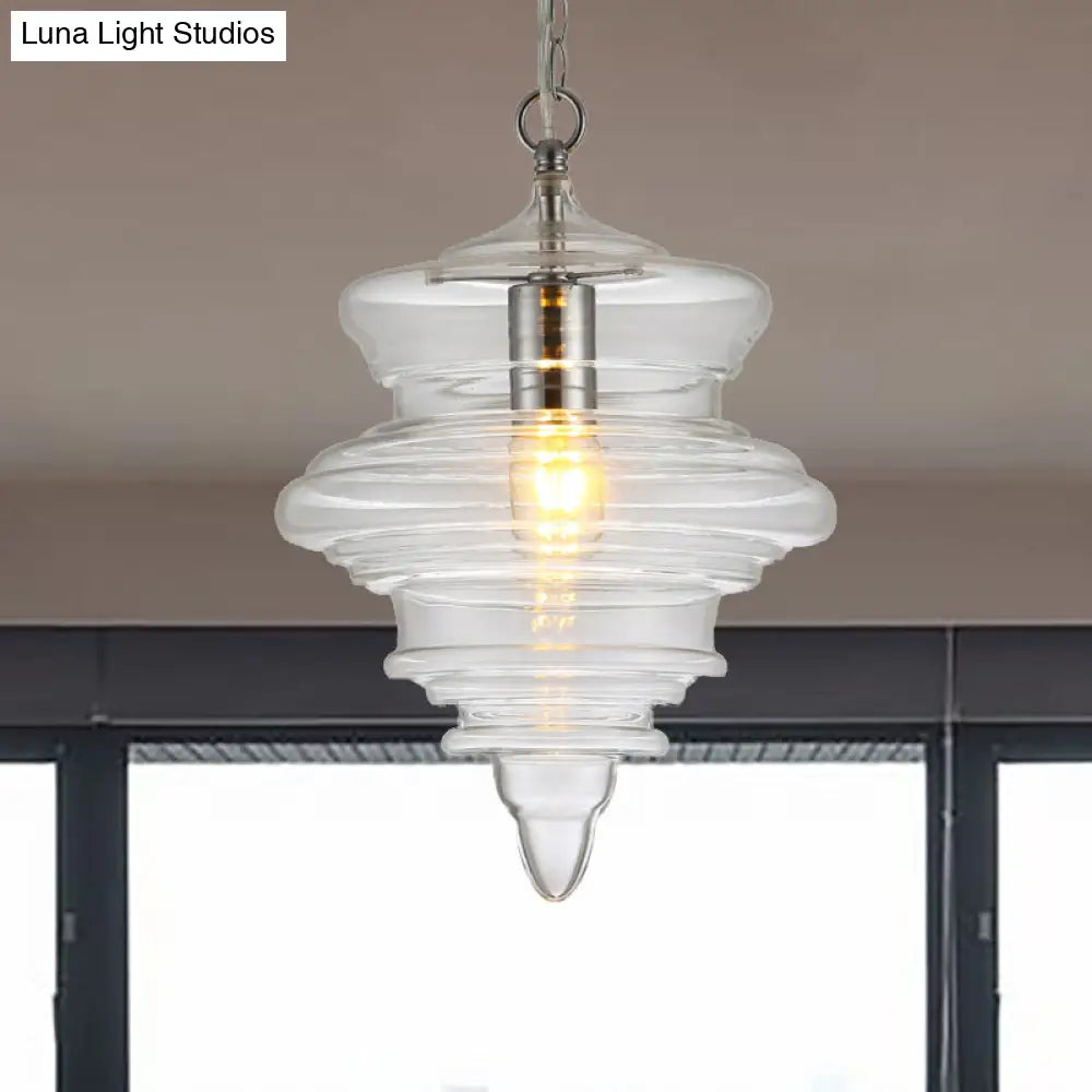 Modern Spool/Bell Pendant Light With Clear/Blue Ruffle Glass: Stylish Ceiling Lighting For Bedrooms