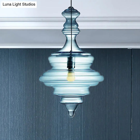 Modern Spool/Bell Pendant Light With Clear/Blue Ruffle Glass: Stylish Ceiling Lighting For Bedrooms