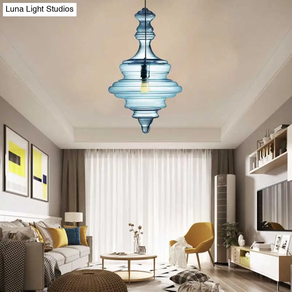 Modern Spool/Bell Pendant Light With Clear/Blue Ruffle Glass: Stylish Ceiling Lighting For Bedrooms