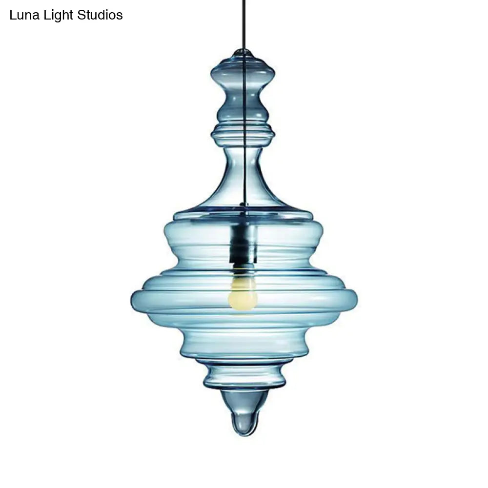 Modern Spool/Bell Pendant Light With Clear/Blue Ruffle Glass: Stylish Ceiling Lighting For Bedrooms