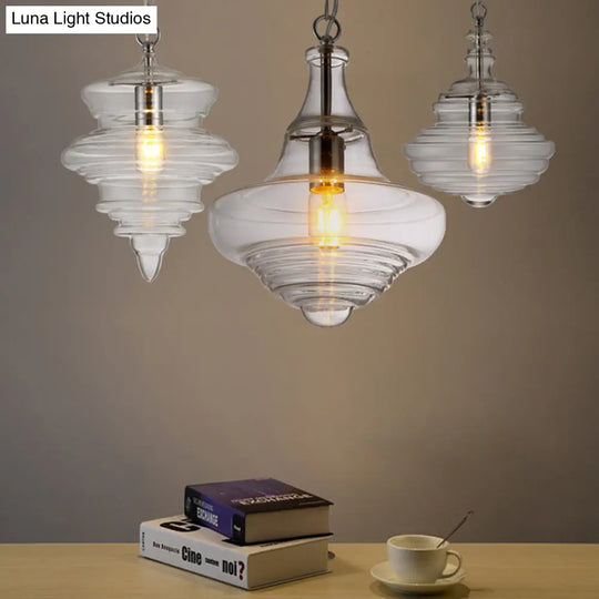 Modern Spool/Bell Pendant Light With Clear/Blue Ruffle Glass: Stylish Ceiling Lighting For Bedrooms