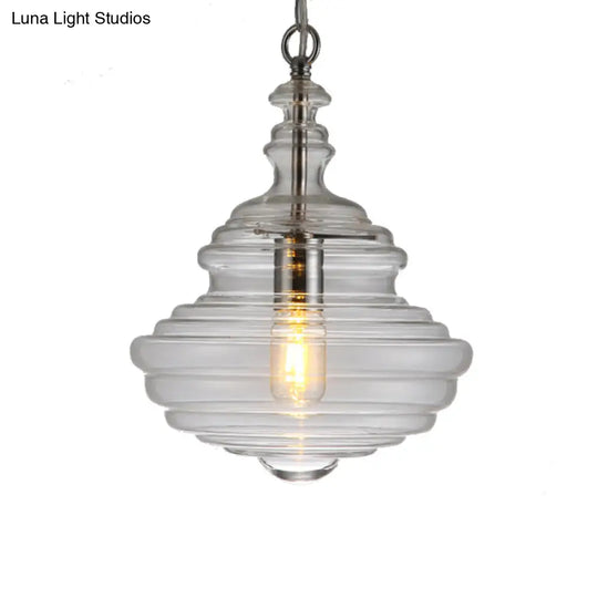 Modern Spool/Bell Pendant Light With Clear/Blue Ruffle Glass: Stylish Ceiling Lighting For Bedrooms