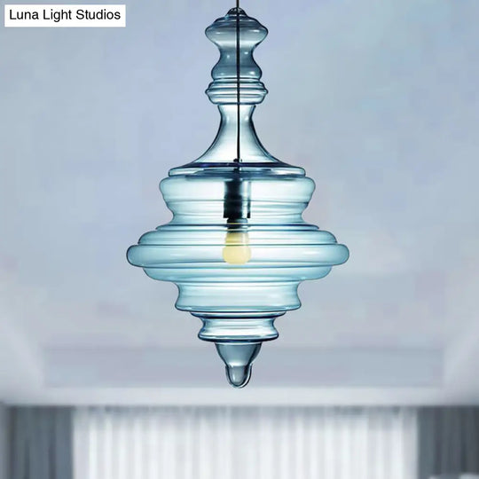 Modern Spool/Bell Pendant Light With Clear/Blue Ruffle Glass: Stylish Ceiling Lighting For Bedrooms