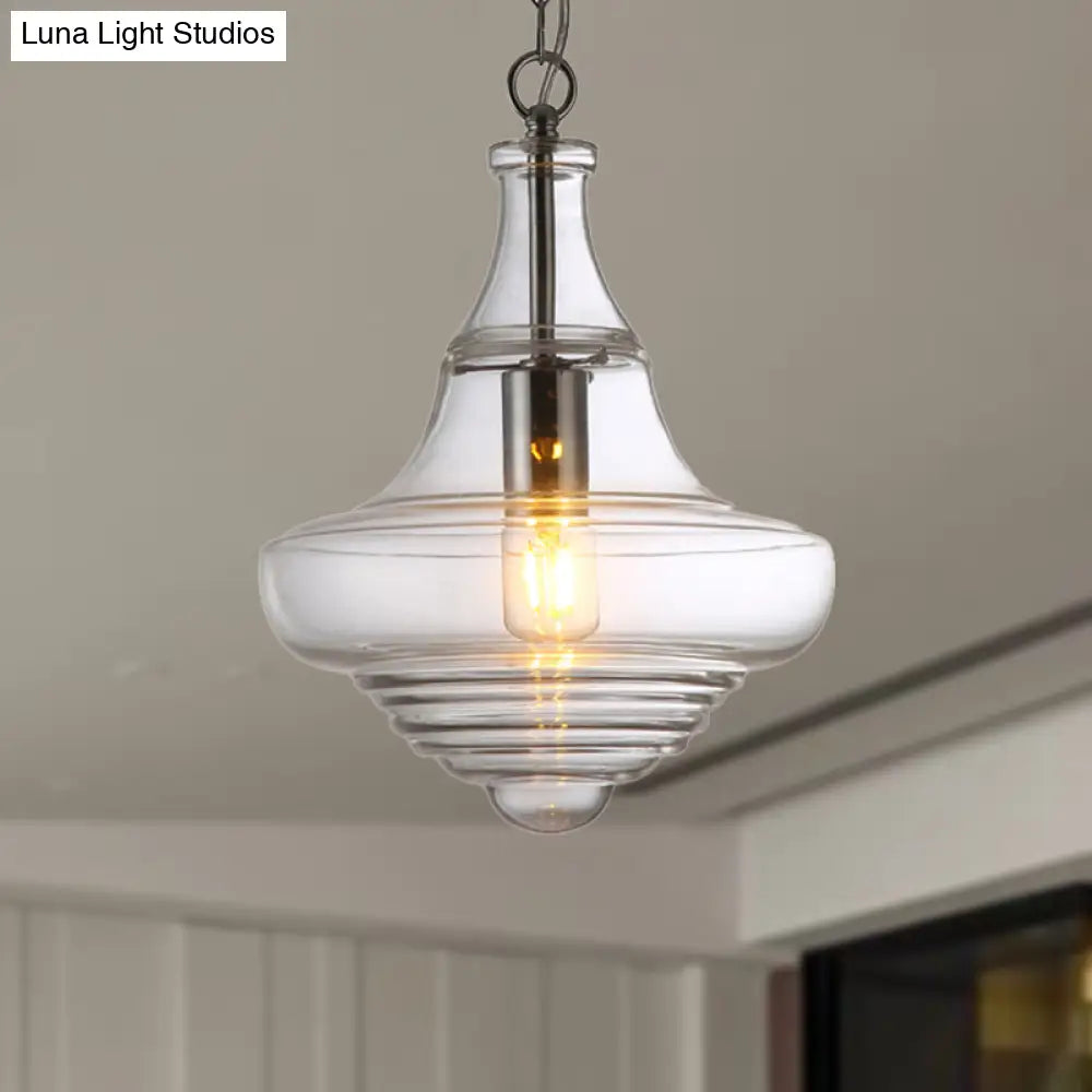 Modern Spool/Bell Pendant Light With Clear/Blue Ruffle Glass: Stylish Ceiling Lighting For Bedrooms