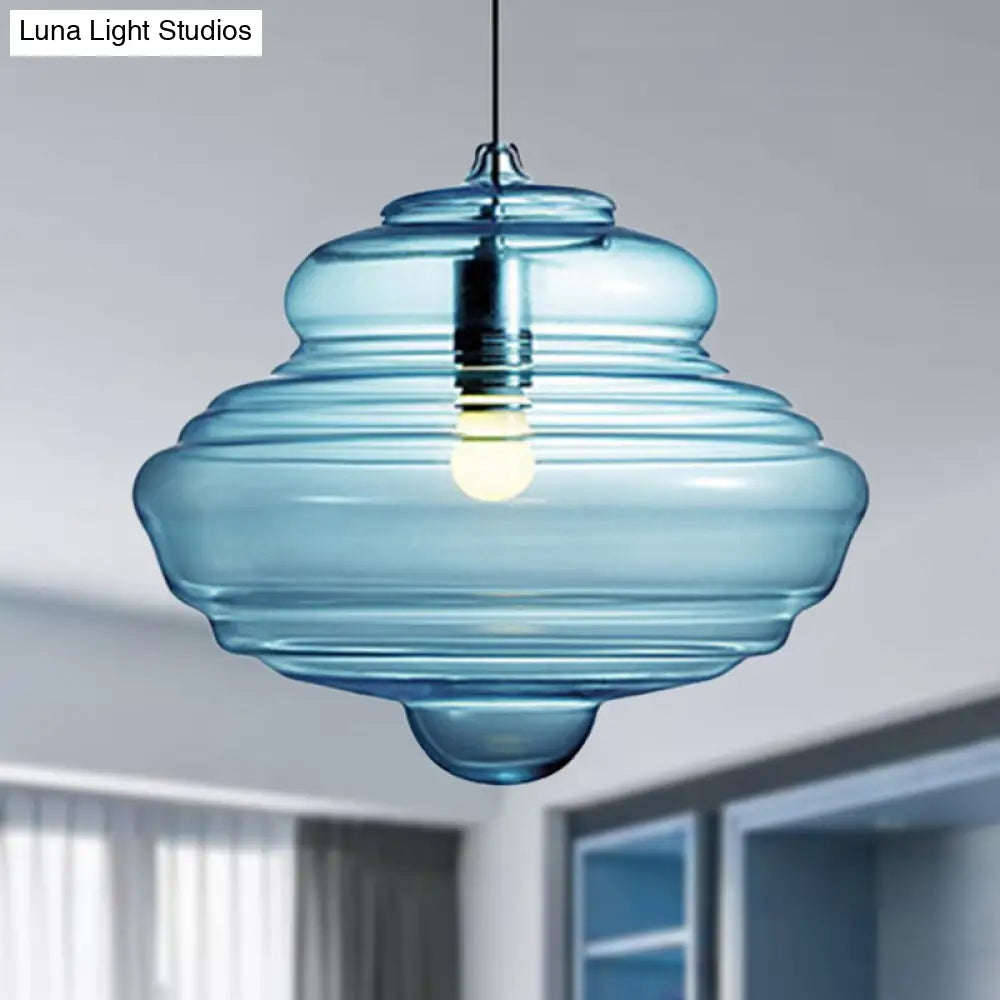 Modern Spool/Bell Pendant Light With Clear/Blue Ruffle Glass: Stylish Ceiling Lighting For Bedrooms