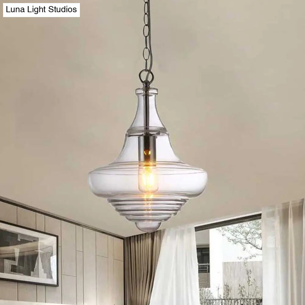 Modern Spool/Bell Pendant Light With Clear/Blue Ruffle Glass: Stylish Ceiling Lighting For Bedrooms