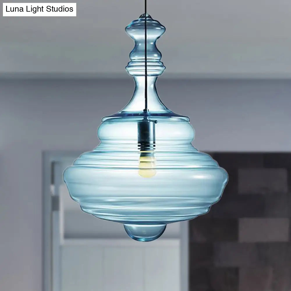 Modern Spool/Bell Pendant Light With Clear/Blue Ruffle Glass: Stylish Ceiling Lighting For Bedrooms