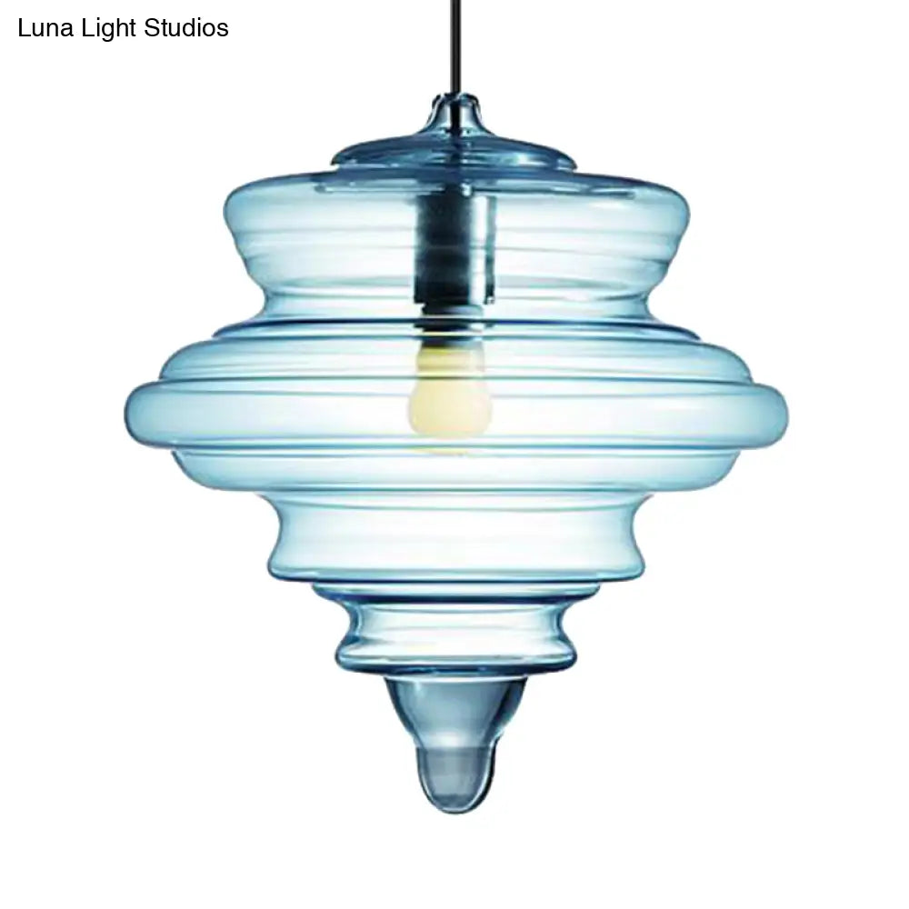 Modern Spool/Bell Pendant Light With Clear/Blue Ruffle Glass: Stylish Ceiling Lighting For Bedrooms