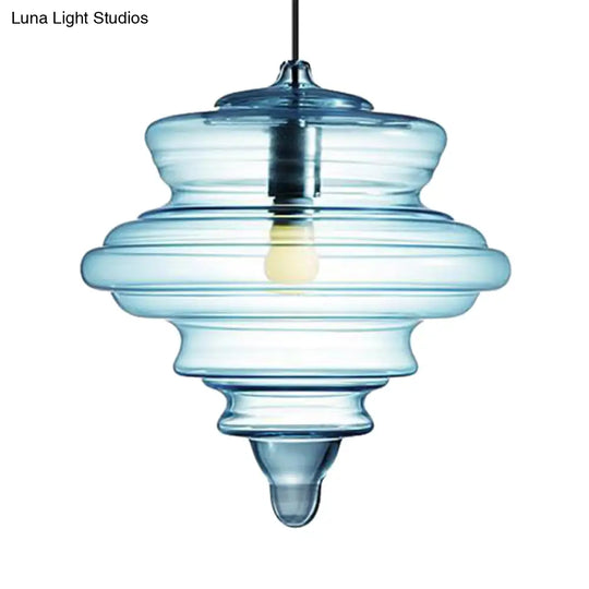 Modern Spool/Bell Pendant Light With Clear/Blue Ruffle Glass: Stylish Ceiling Lighting For Bedrooms