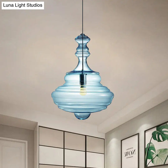 Modern Spool/Bell Pendant Light With Clear/Blue Ruffle Glass: Stylish Ceiling Lighting For Bedrooms