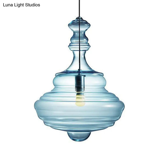 Modern Spool/Bell Pendant Light With Clear/Blue Ruffle Glass: Stylish Ceiling Lighting For Bedrooms