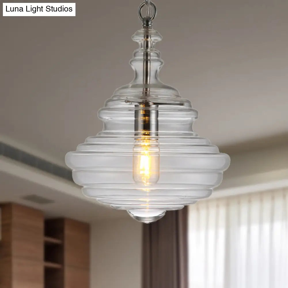 Modern Spool/Bell Pendant Light With Clear/Blue Ruffle Glass: Stylish Ceiling Lighting For Bedrooms