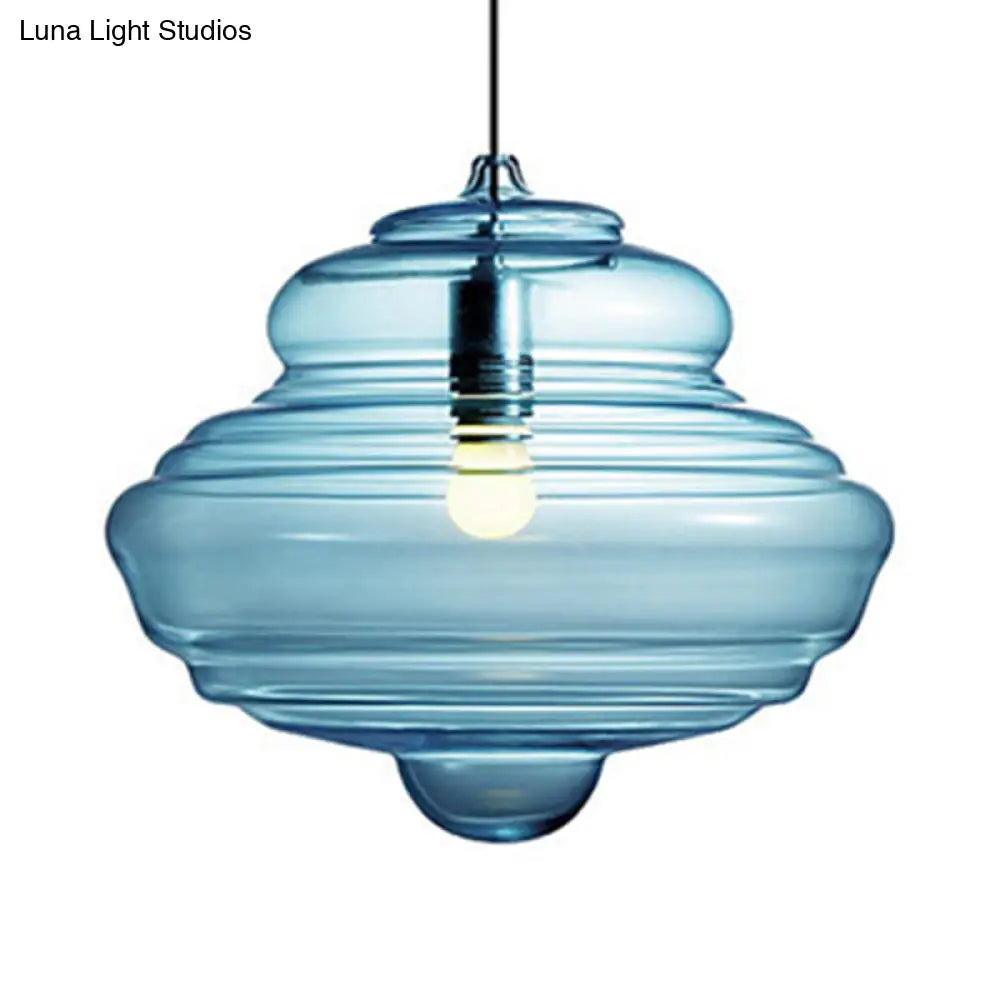 Modern Spool/Bell Pendant Light With Clear/Blue Ruffle Glass: Stylish Ceiling Lighting For Bedrooms