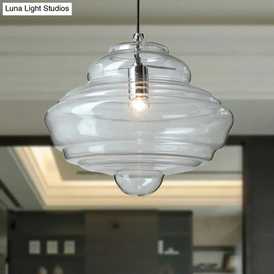 Modern Spool/Bell Pendant Light With Clear/Blue Ruffle Glass: Stylish Ceiling Lighting For Bedrooms