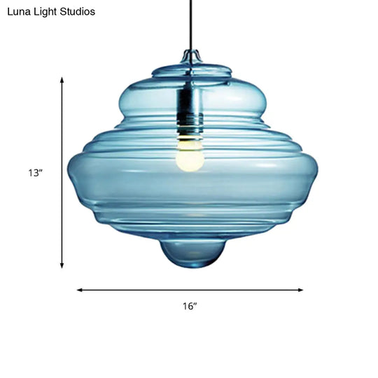 Modern Spool/Bell Pendant Light With Clear/Blue Ruffle Glass: Stylish Ceiling Lighting For Bedrooms