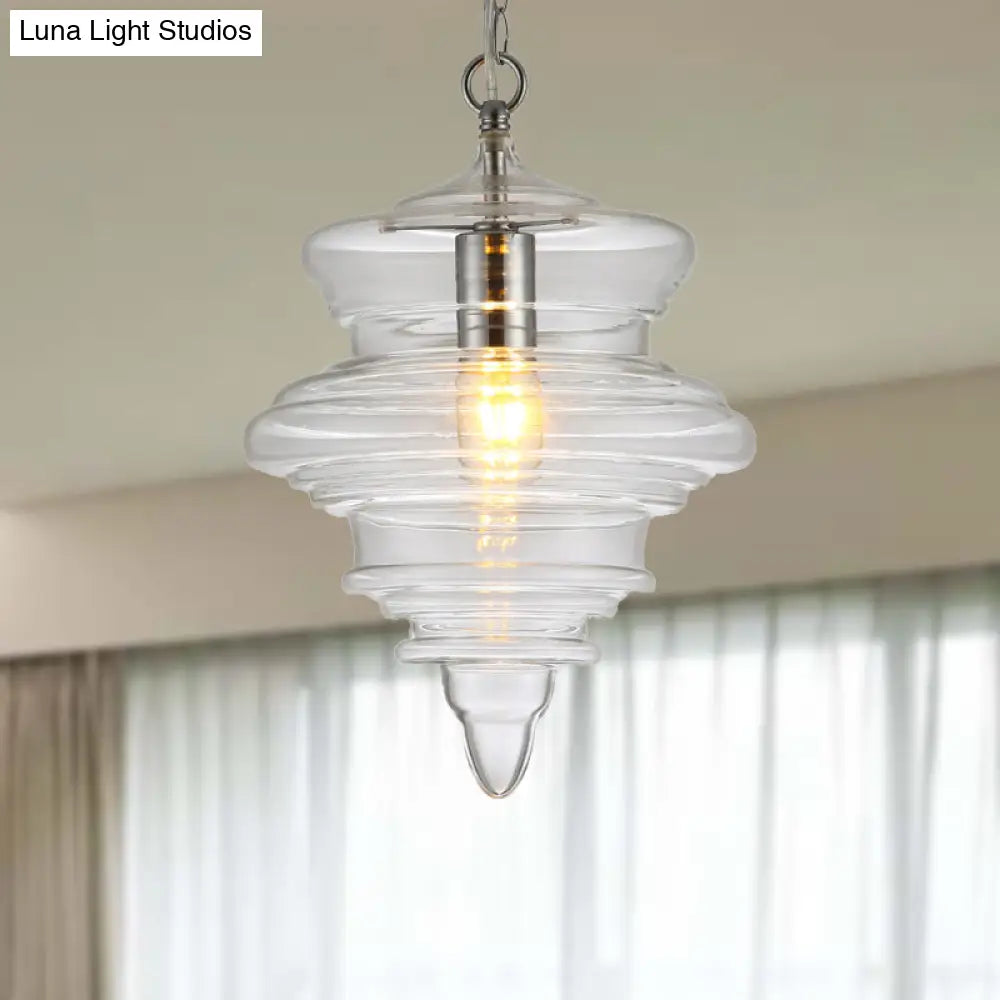 Modern Spool/Bell Pendant Light With Clear/Blue Ruffle Glass: Stylish Ceiling Lighting For Bedrooms