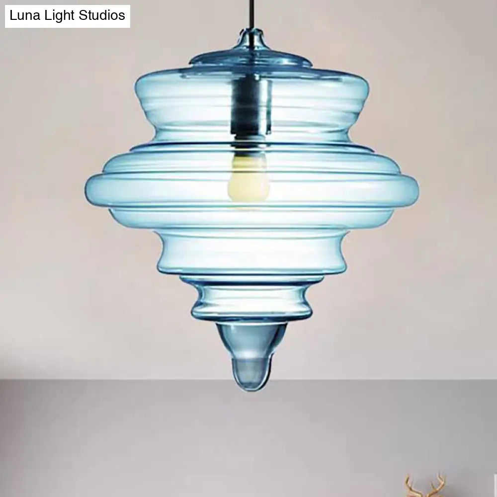 Modern Spool/Bell Pendant Light With Clear/Blue Ruffle Glass: Stylish Ceiling Lighting For Bedrooms