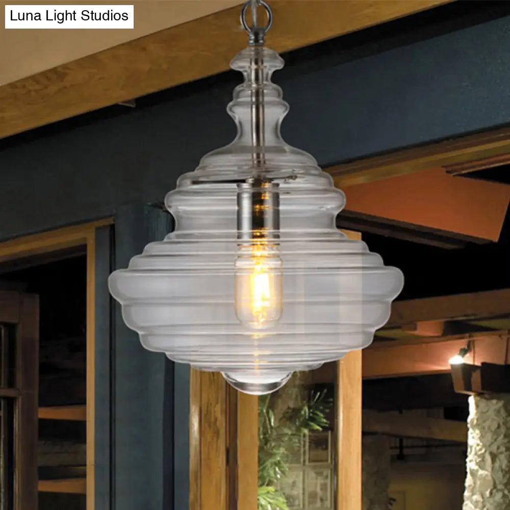 Modern Spool/Bell Pendant Light With Clear/Blue Ruffle Glass: Stylish Ceiling Lighting For Bedrooms