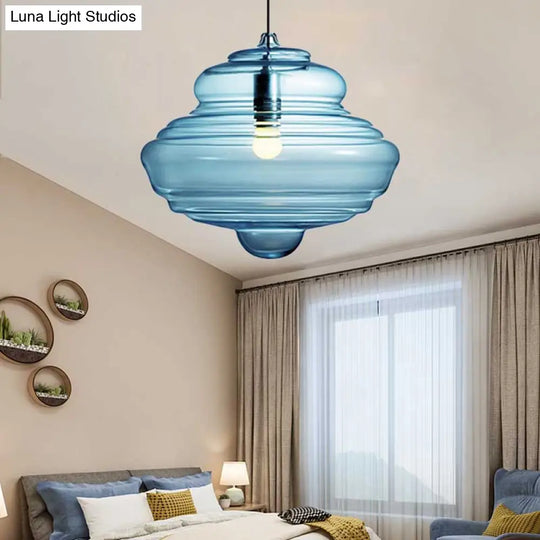 Modern Spool/Bell Pendant Light With Clear/Blue Ruffle Glass: Stylish Ceiling Lighting For Bedrooms