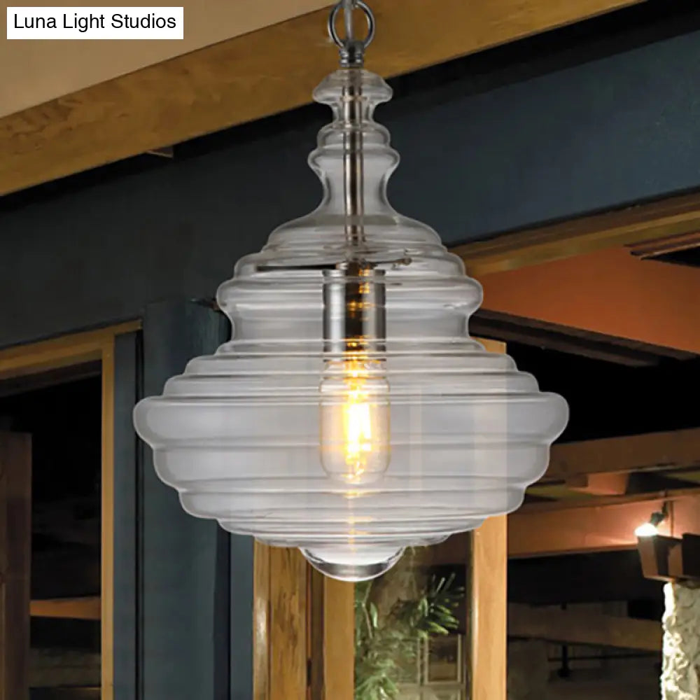 Modern Spool/Bell Pendant Light With Clear/Blue Ruffle Glass: Stylish Ceiling Lighting For Bedrooms