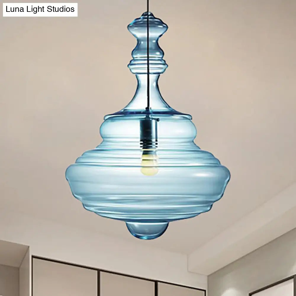 Modern Spool/Bell Pendant Light With Clear/Blue Ruffle Glass: Stylish Ceiling Lighting For Bedrooms