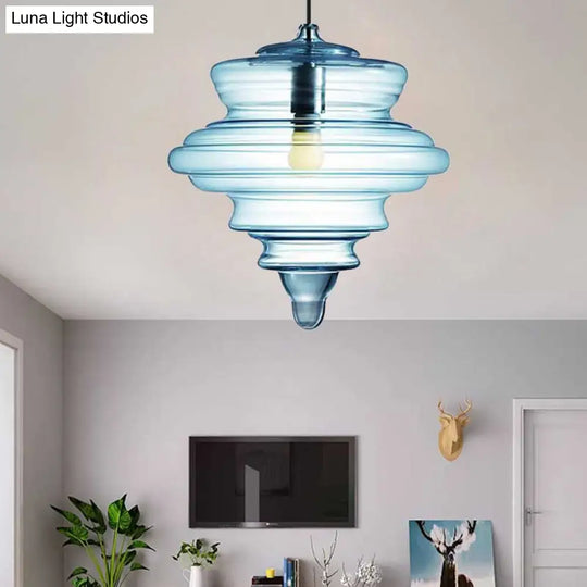 Modern Spool/Bell Pendant Light With Clear/Blue Ruffle Glass: Stylish Ceiling Lighting For Bedrooms