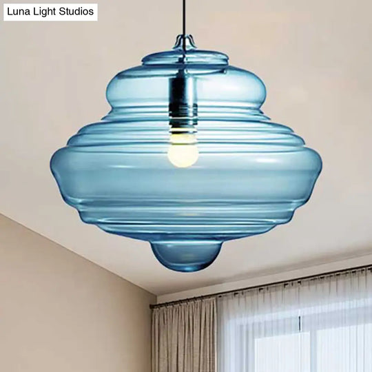 Modern Spool/Bell Pendant Light With Clear/Blue Ruffle Glass: Stylish Ceiling Lighting For Bedrooms