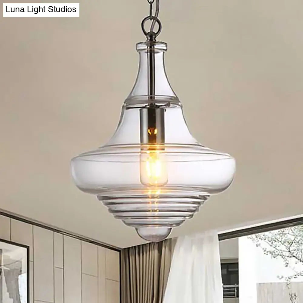 Modern Spool/Bell Pendant Light With Clear/Blue Ruffle Glass: Stylish Ceiling Lighting For Bedrooms