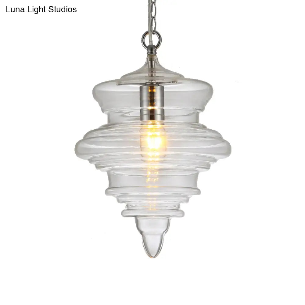 Modern Spool/Bell Pendant Light With Clear/Blue Ruffle Glass: Stylish Ceiling Lighting For Bedrooms