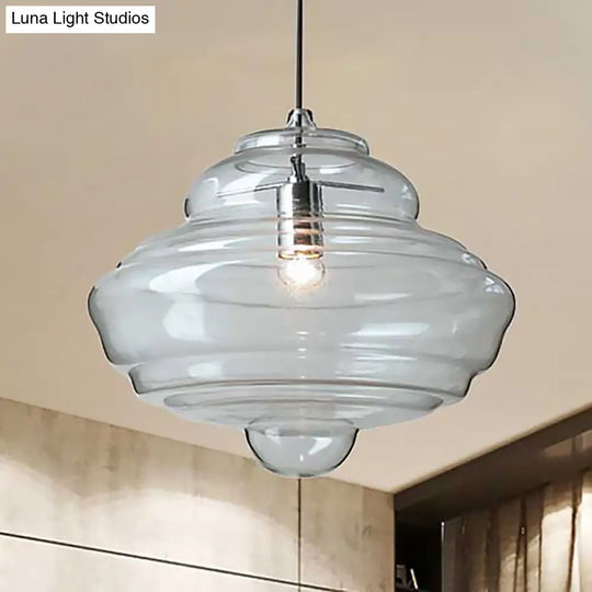 Modern Spool/Bell Pendant Light With Clear/Blue Ruffle Glass: Stylish Ceiling Lighting For Bedrooms