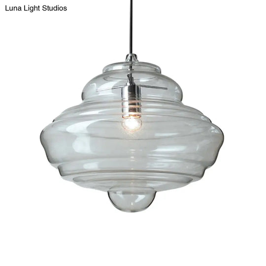 Modern Spool/Bell Pendant Light With Clear/Blue Ruffle Glass: Stylish Ceiling Lighting For Bedrooms