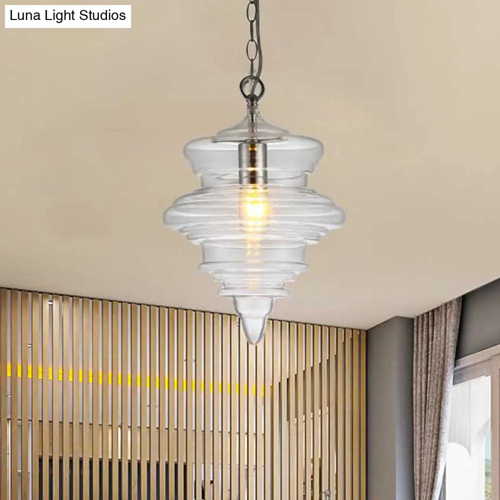 Modern Spool/Bell Pendant Light With Clear/Blue Ruffle Glass: Stylish Ceiling Lighting For Bedrooms