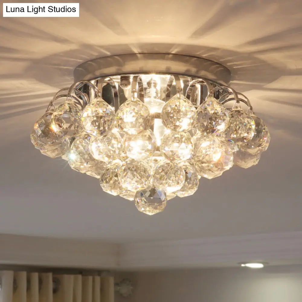 Modern Clear Crystal Ball Flushmount Light - 2 Heads Tapered Ceiling Flush For Corridor