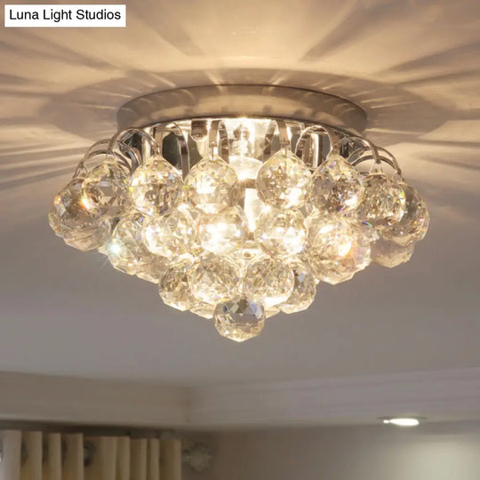 Modern Clear Crystal Ball Flushmount Light - 2 Heads Tapered Ceiling Flush For Corridor