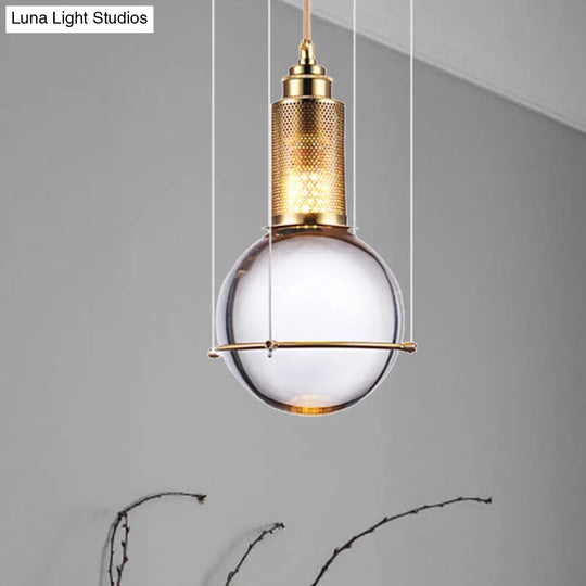 Clear Crystal Ball Pendant Lamp With Led Light - Modern Design Gold Mesh Cage Bedroom Hanging In