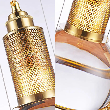 Clear Crystal Ball Pendant Lamp With Led Light - Modern Design Gold Mesh Cage Bedroom Hanging In