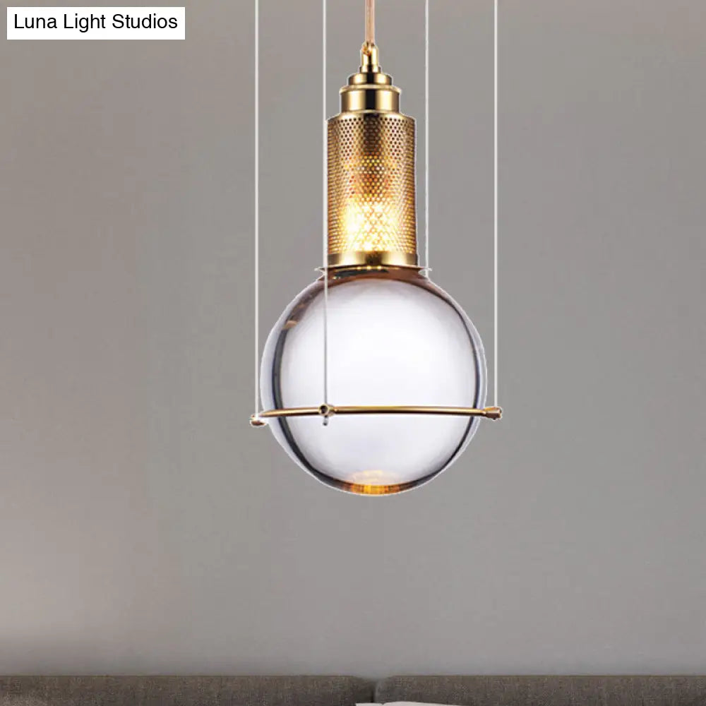 Clear Crystal Ball Pendant Lamp With Led Light - Modern Design Gold Mesh Cage Bedroom Hanging In