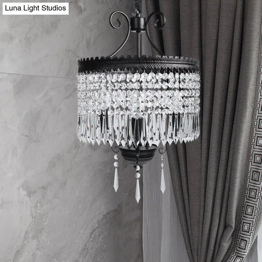 Modern Crystal Beaded Pendant Light With 3 Lights Black Drum Shade Chandelier Lamp