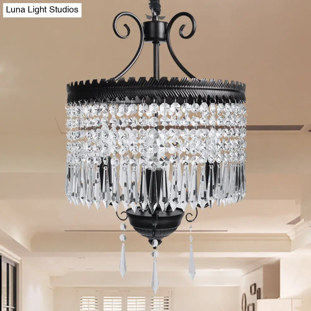 Modern Clear Crystal Beaded Pendant Light With Drum Shade - 3-Light Chandelier In Black