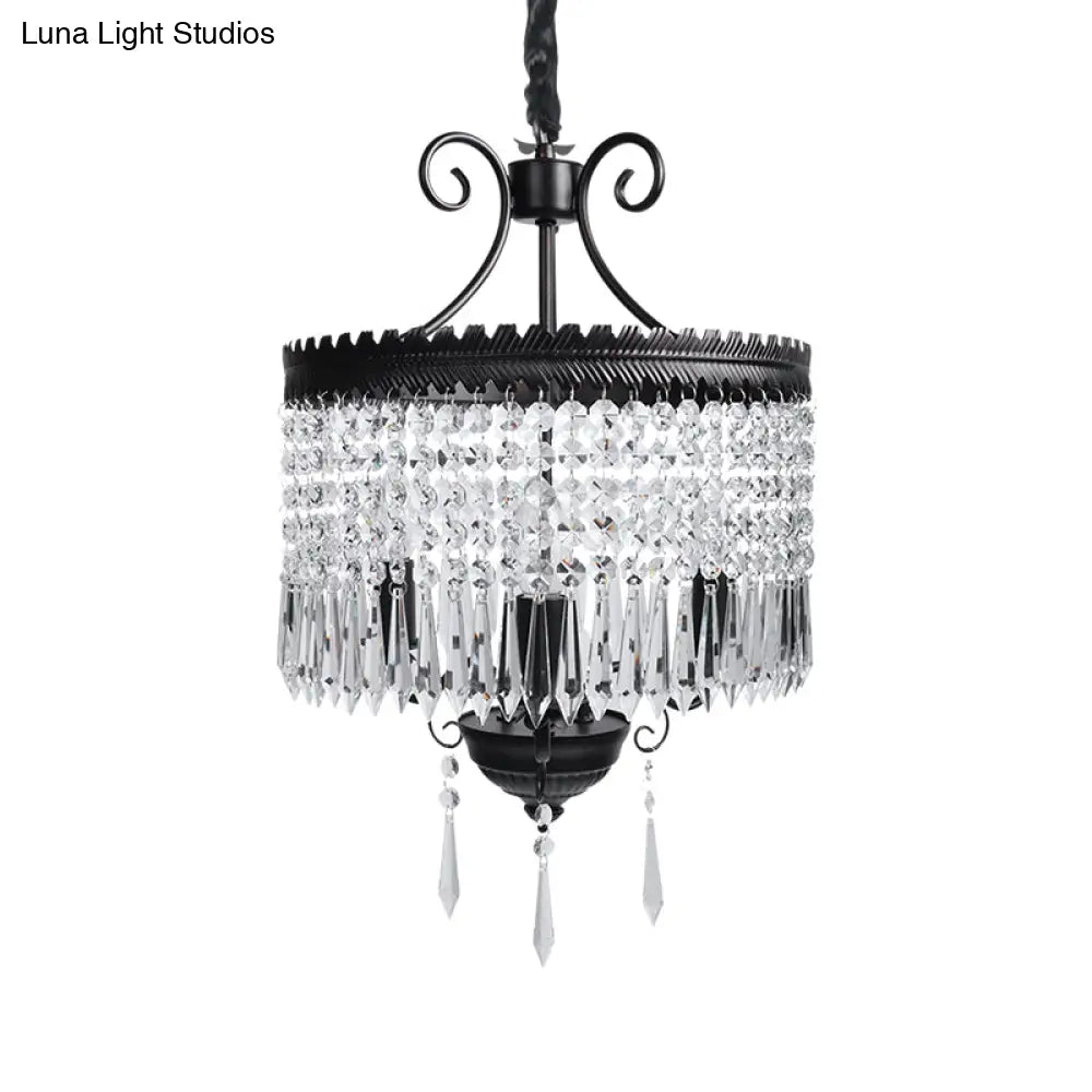 Modern Crystal Beaded Pendant Light With 3 Lights Black Drum Shade Chandelier Lamp